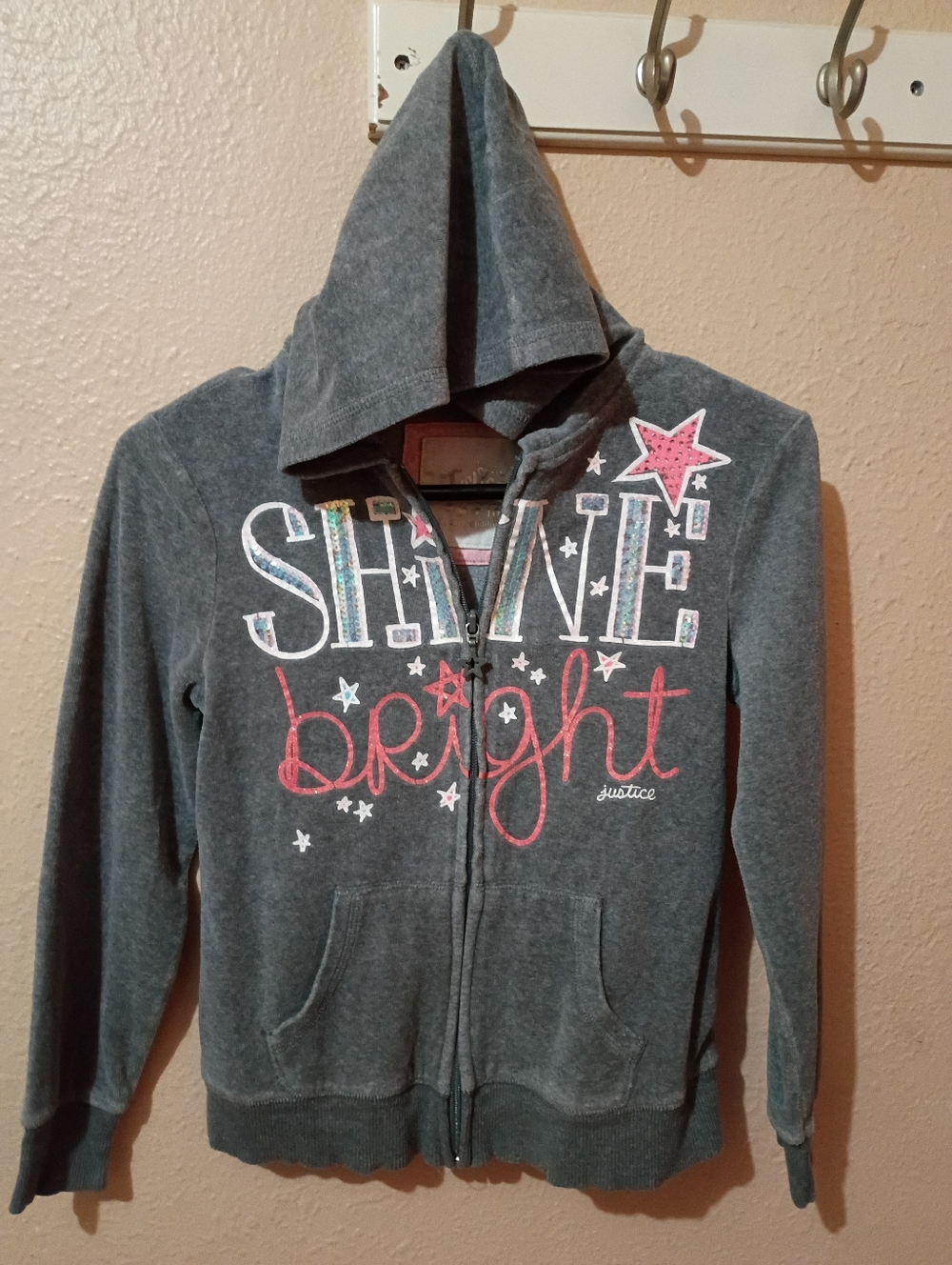 GIRL'S SIZE 10 Justice Grey 'Shine Bright' Zip-Up Hoodie